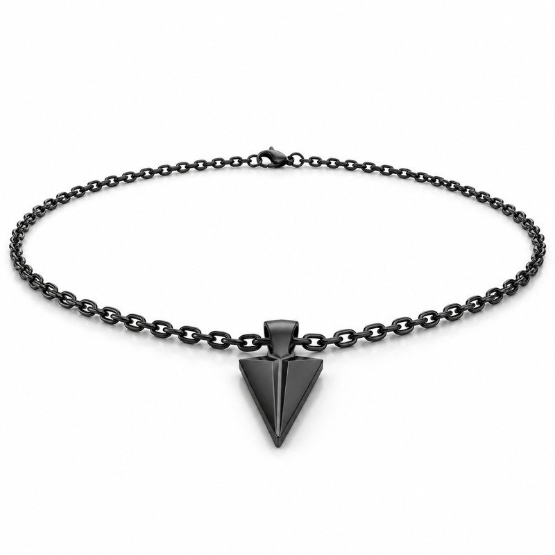 mens black Stainless Steel arrowhead pendant necklace, at a 45-degree angle on white
