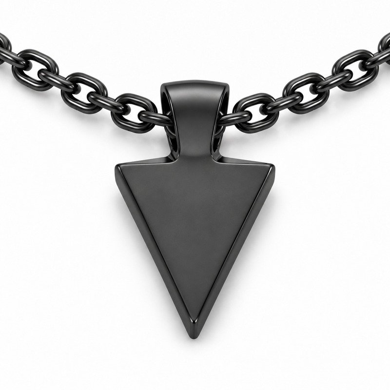mens black Stainless Steel arrowhead pendant necklace, reverse side and connection structure on white