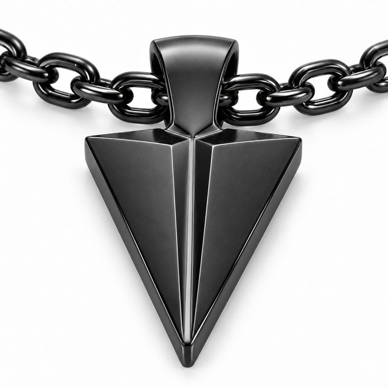 mens black Stainless Steel arrowhead pendant necklace, material and craftsmanship close-up