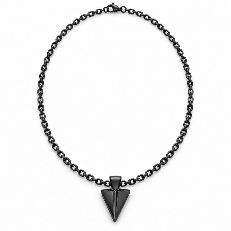 mens black Stainless Steel arrowhead pendant necklace, front view on white