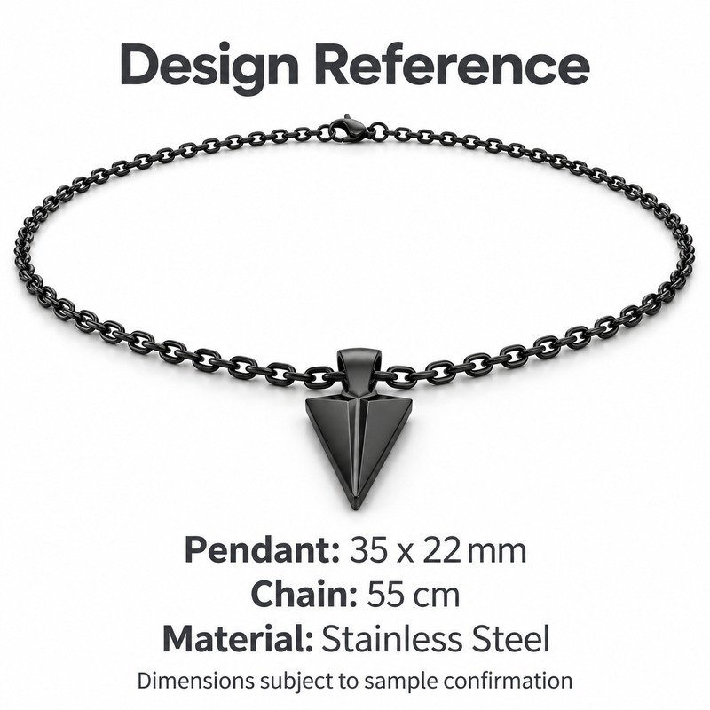 mens black Stainless Steel arrowhead pendant necklace, design reference dimensions and material specifications