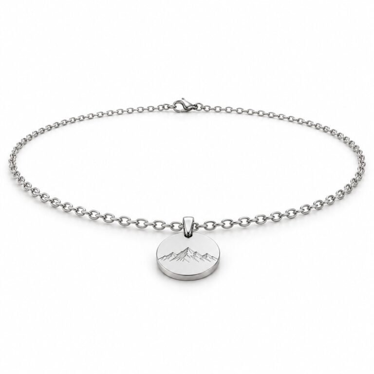 mens silver Stainless Steel mountain pendant necklace, at a 45-degree angle on white