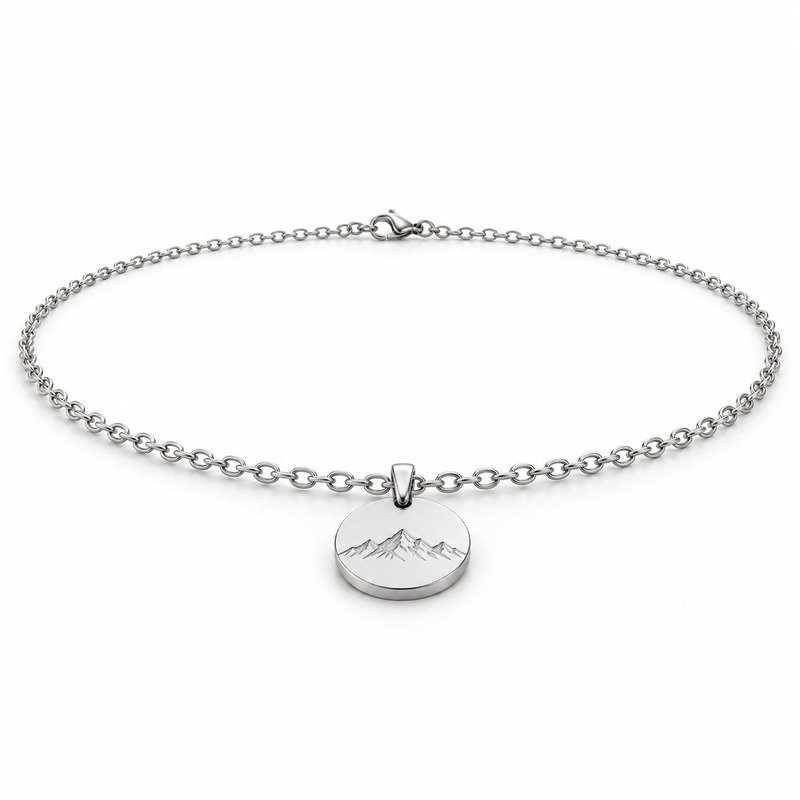 mens silver Stainless Steel mountain pendant necklace, at a 45-degree angle on white