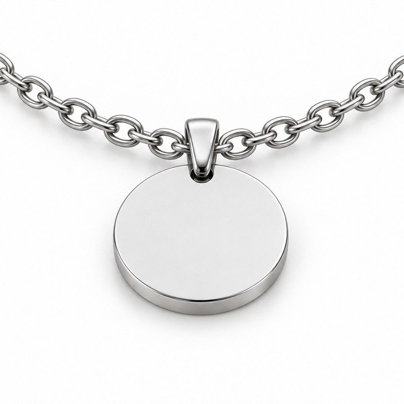 mens silver Stainless Steel mountain pendant necklace, reverse side and connection structure on white