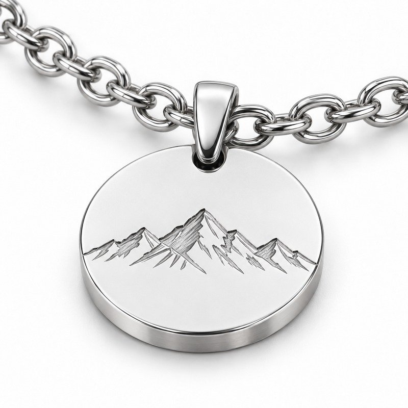 mens silver Stainless Steel mountain pendant necklace, material and craftsmanship close-up