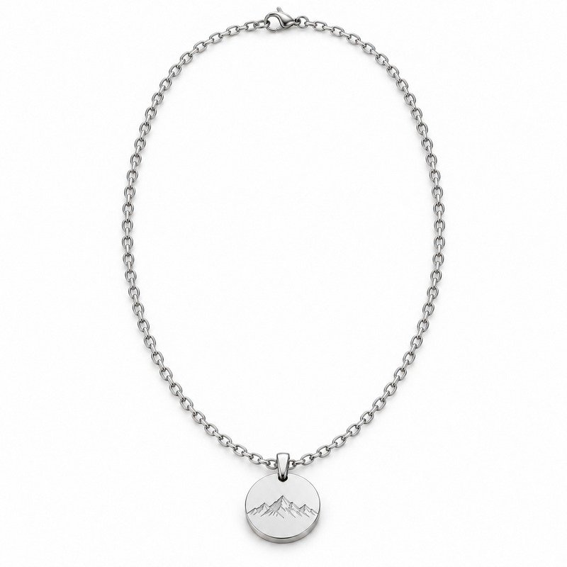 mens silver Stainless Steel mountain pendant necklace, front view on white