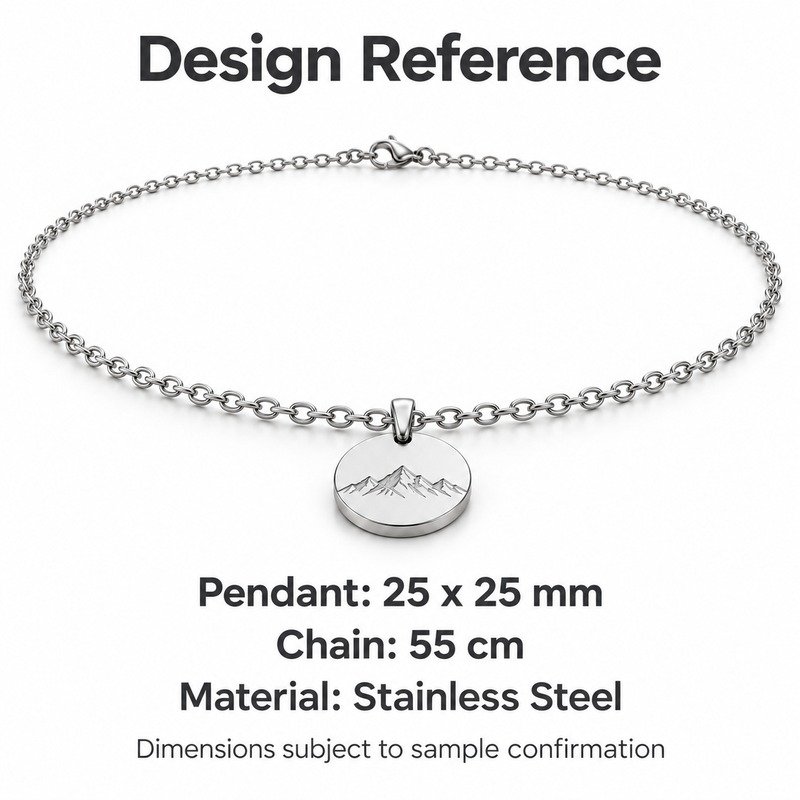 mens silver Stainless Steel mountain pendant necklace, design reference dimensions and material specifications