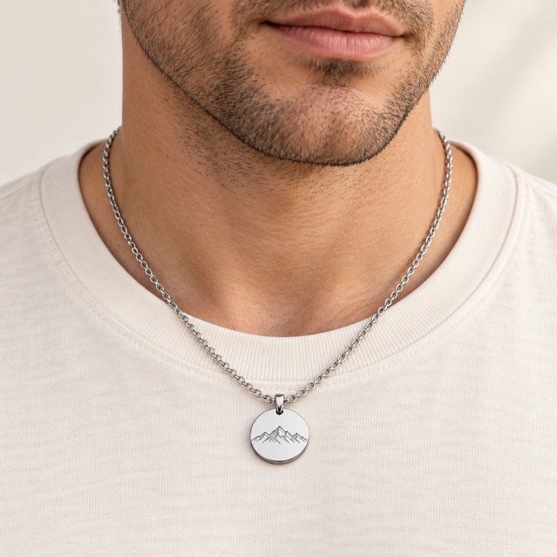 mens silver Stainless Steel mountain pendant necklace, worn by an adult model