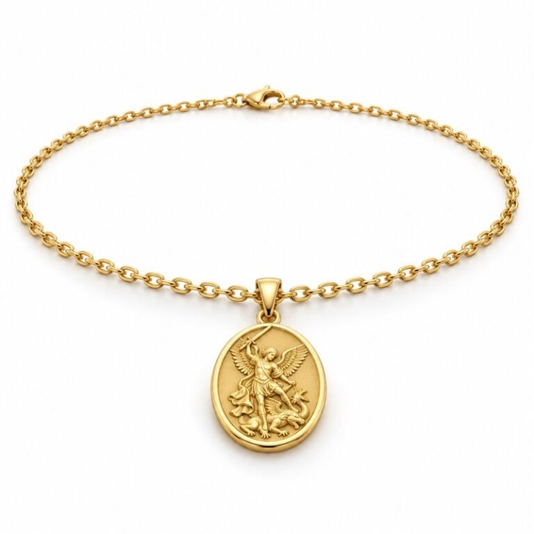 mens gold Stainless Steel st michael pendant necklace, at a 45-degree angle on white