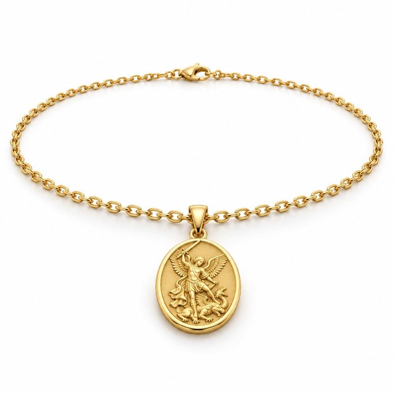 mens gold Stainless Steel st michael pendant necklace, at a 45-degree angle on white