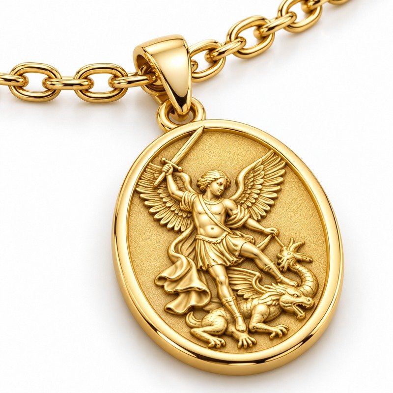 mens gold Stainless Steel st michael pendant necklace, material and craftsmanship close-up