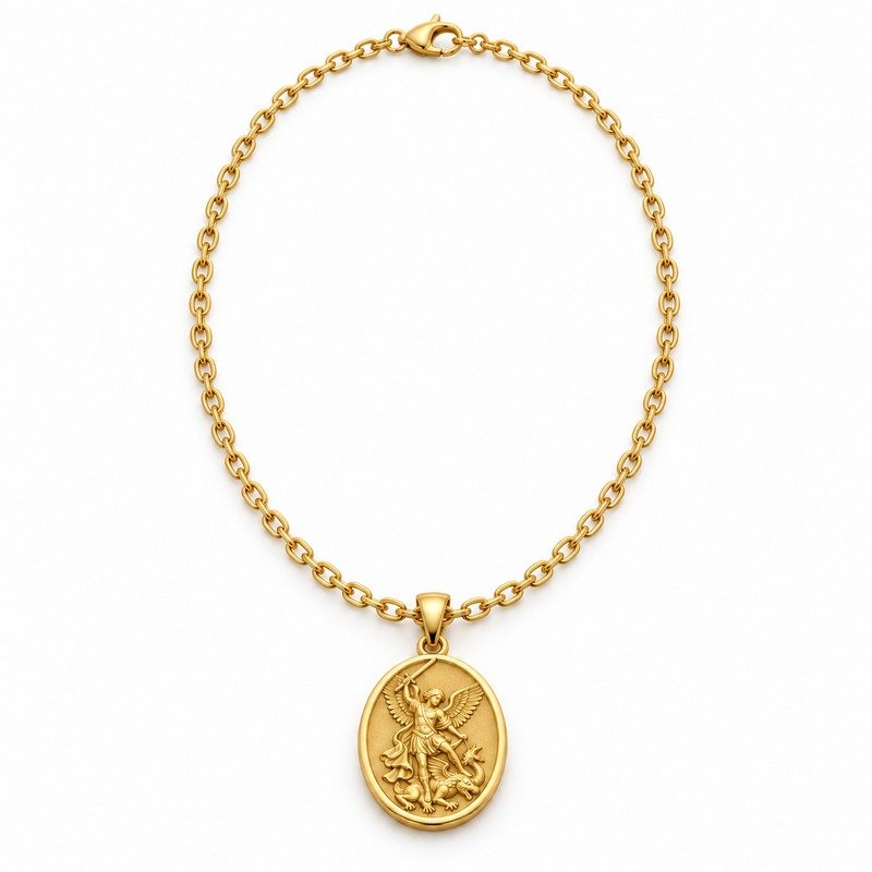 mens gold Stainless Steel st michael pendant necklace, front view on white