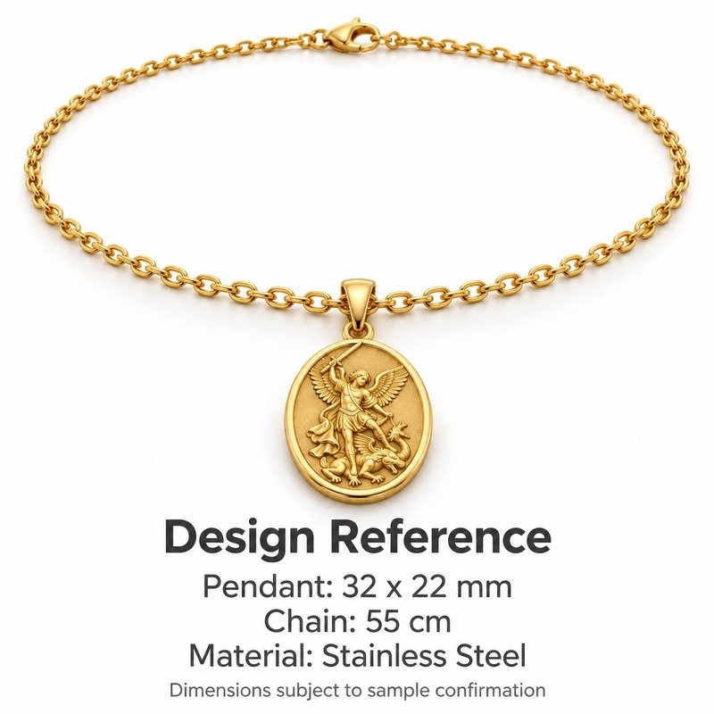 mens gold Stainless Steel st michael pendant necklace, design reference dimensions and material specifications