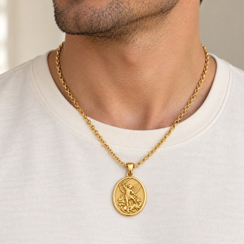 mens gold Stainless Steel st michael pendant necklace, worn by an adult model