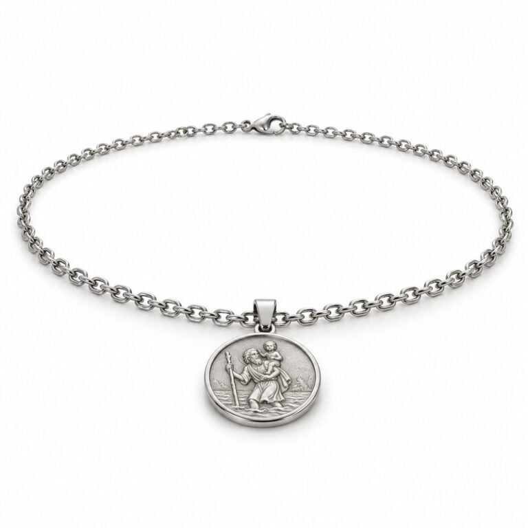 mens silver Stainless Steel saint christopher pendant necklace, at a 45-degree angle on white