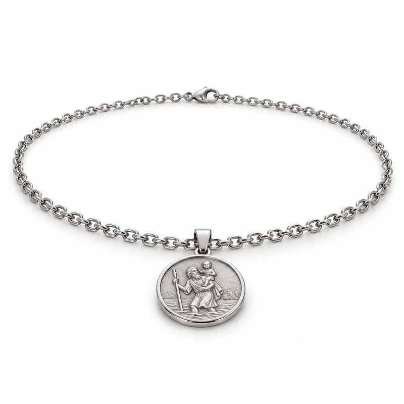 mens silver Stainless Steel saint christopher pendant necklace, at a 45-degree angle on white