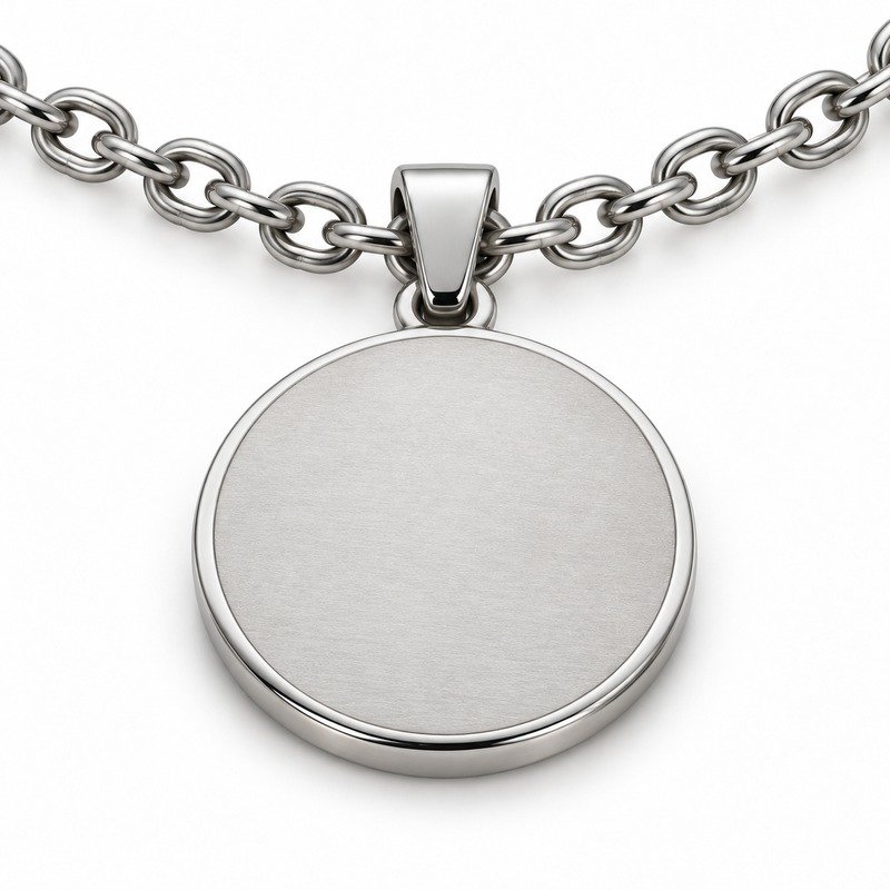 mens silver Stainless Steel saint christopher pendant necklace, reverse side and connection structure on white
