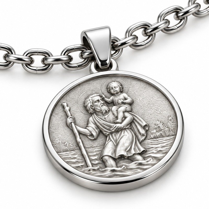 mens silver Stainless Steel saint christopher pendant necklace, material and craftsmanship close-up