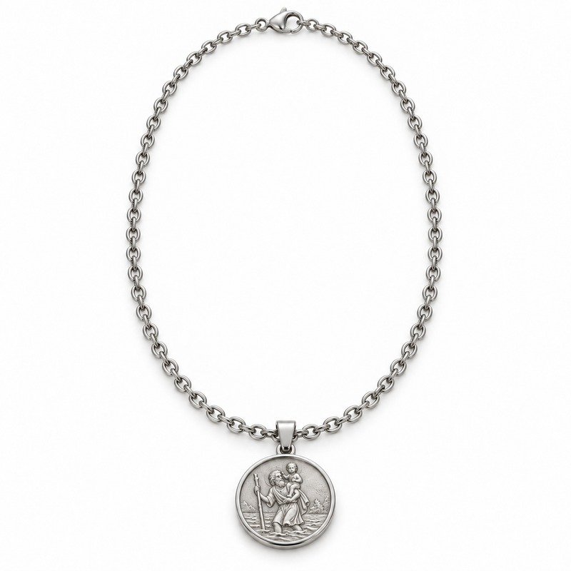 mens silver Stainless Steel saint christopher pendant necklace, front view on white