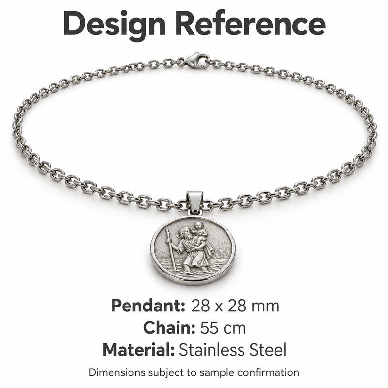 mens silver Stainless Steel saint christopher pendant necklace, design reference dimensions and material specifications