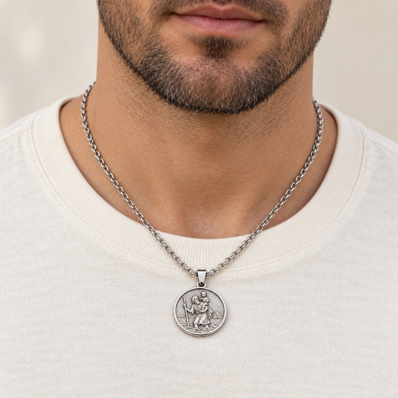 mens silver Stainless Steel saint christopher pendant necklace, worn by an adult model