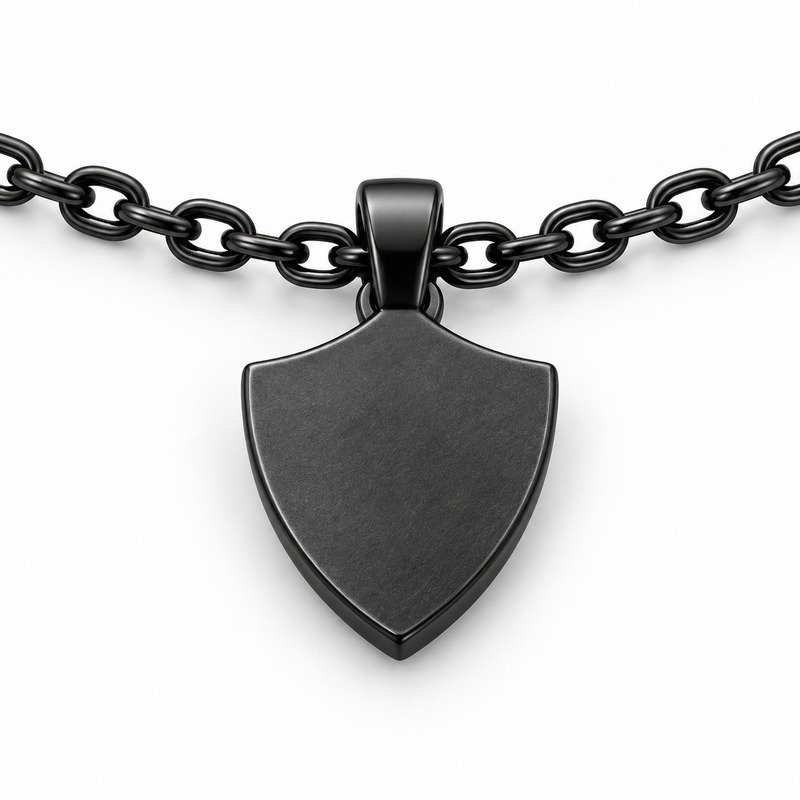 mens black Stainless Steel shield pendant necklace, reverse side and connection structure on white