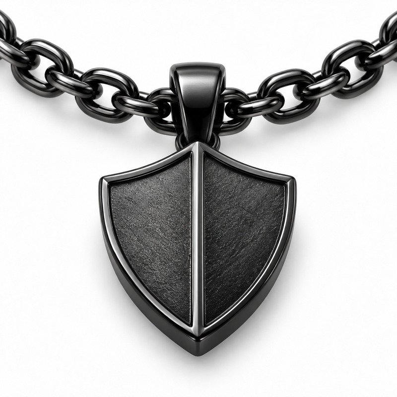 mens black Stainless Steel shield pendant necklace, material and craftsmanship close-up