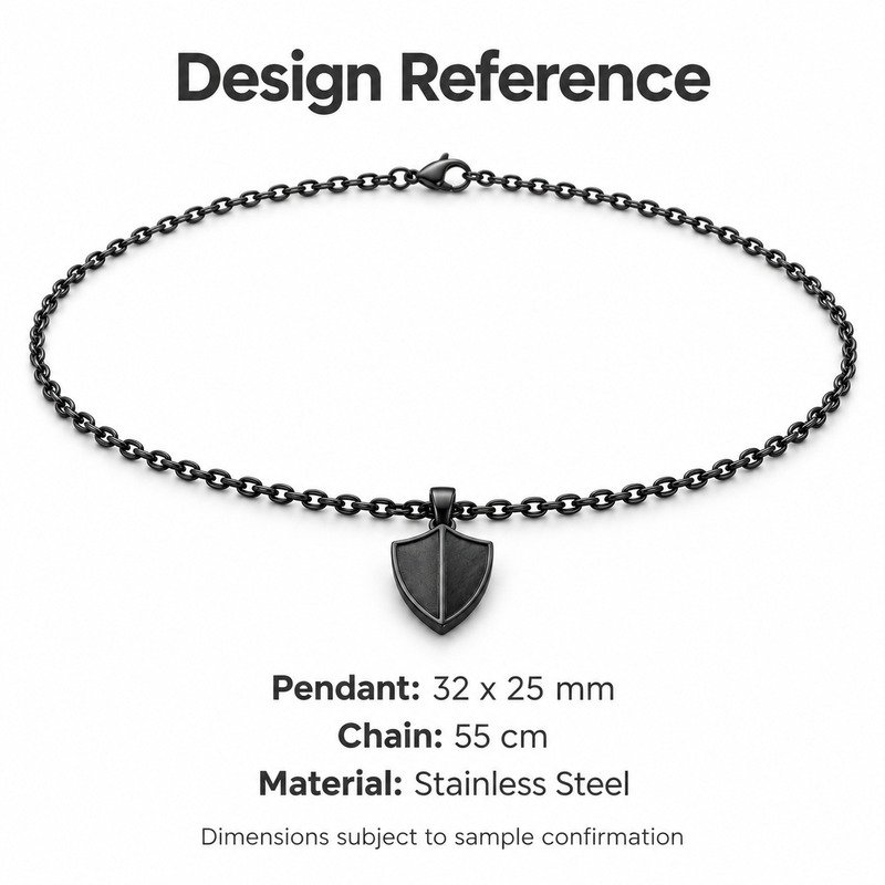 mens black Stainless Steel shield pendant necklace, design reference dimensions and material specifications