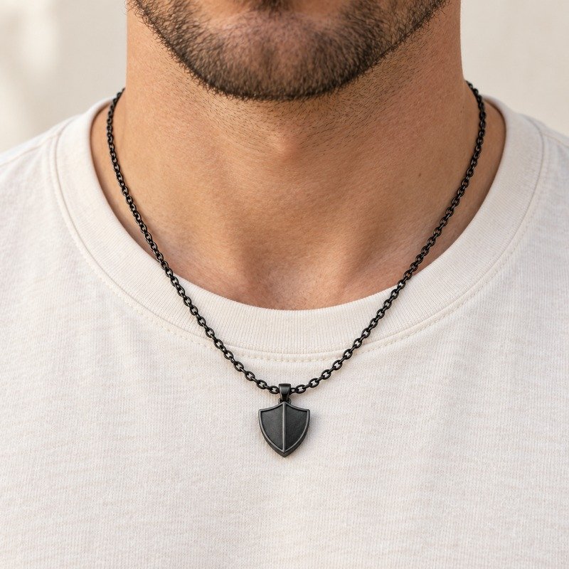 mens black Stainless Steel shield pendant necklace, worn by an adult model