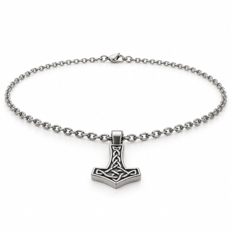 mens silver Stainless Steel hammer pendant necklace, at a 45-degree angle on white