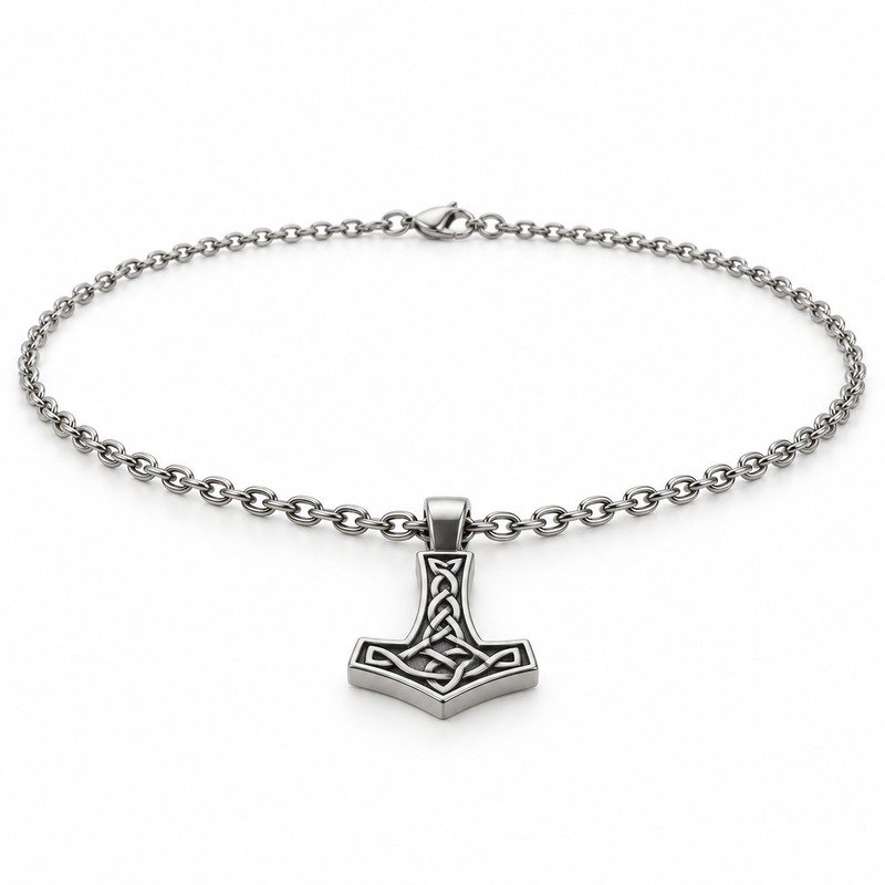 mens silver Stainless Steel hammer pendant necklace, at a 45-degree angle on white