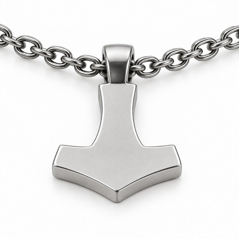 mens silver Stainless Steel hammer pendant necklace, reverse side and connection structure on white