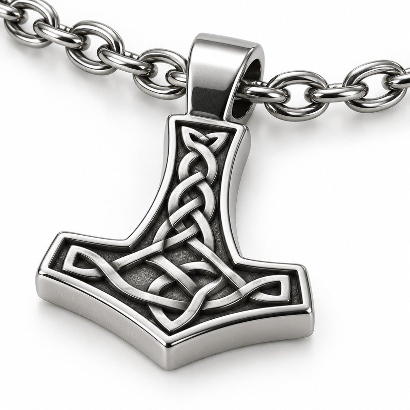 mens silver Stainless Steel hammer pendant necklace, material and craftsmanship close-up