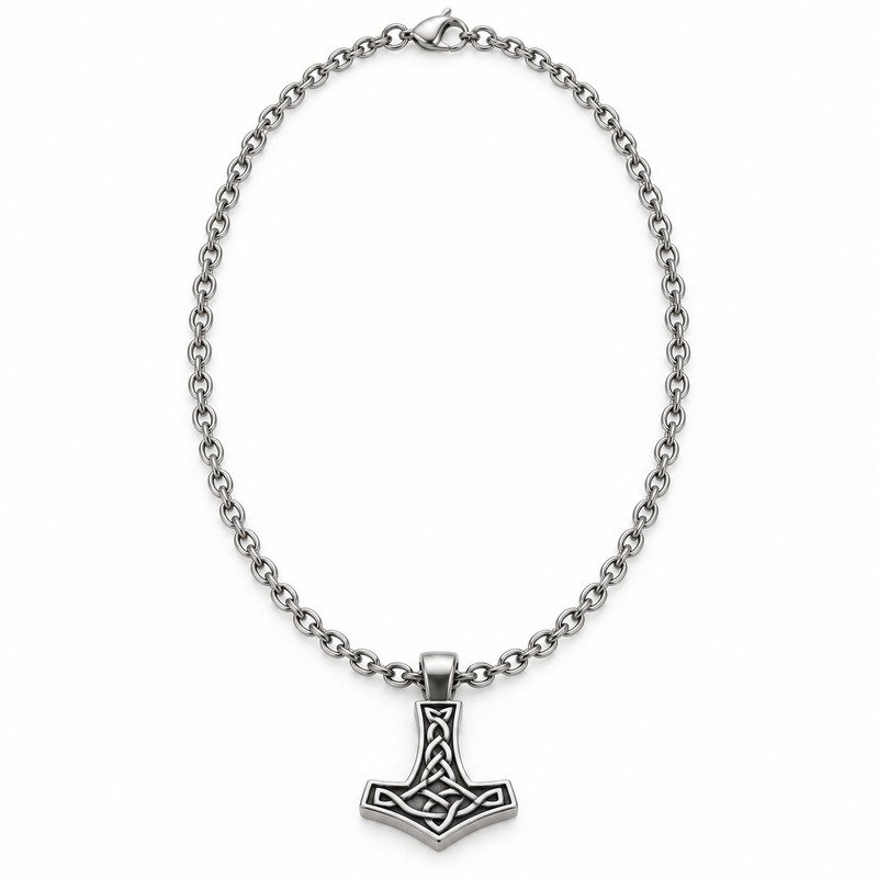 mens silver Stainless Steel hammer pendant necklace, front view on white