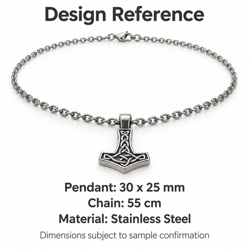 mens silver Stainless Steel hammer pendant necklace, design reference dimensions and material specifications