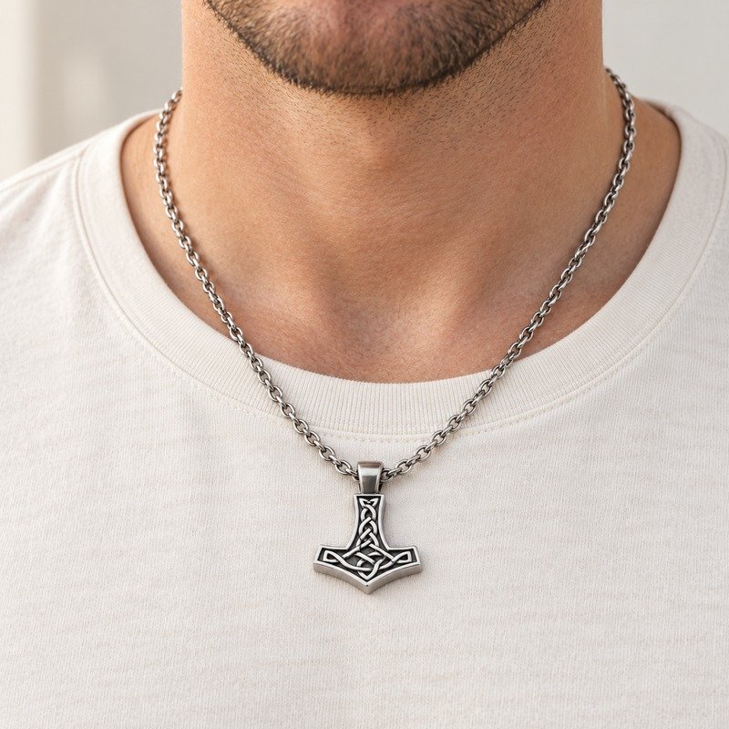 mens silver Stainless Steel hammer pendant necklace, worn by an adult model