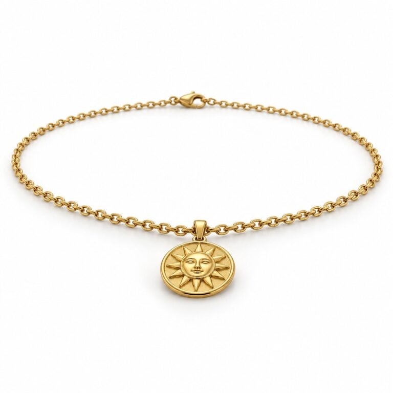 mens gold Stainless Steel sun pendant necklace, at a 45-degree angle on white