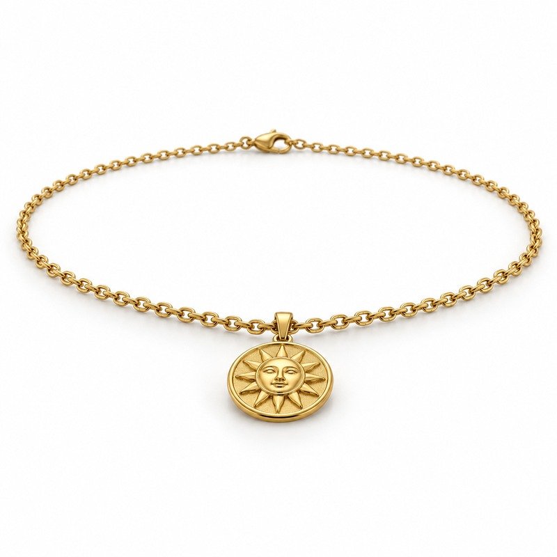 mens gold Stainless Steel sun pendant necklace, at a 45-degree angle on white