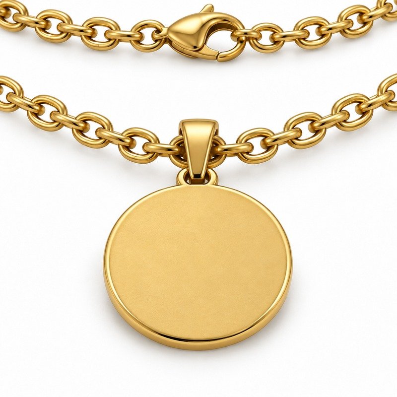 mens gold Stainless Steel sun pendant necklace, reverse side and connection structure on white