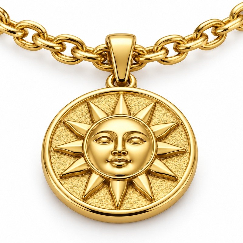 mens gold Stainless Steel sun pendant necklace, material and craftsmanship close-up