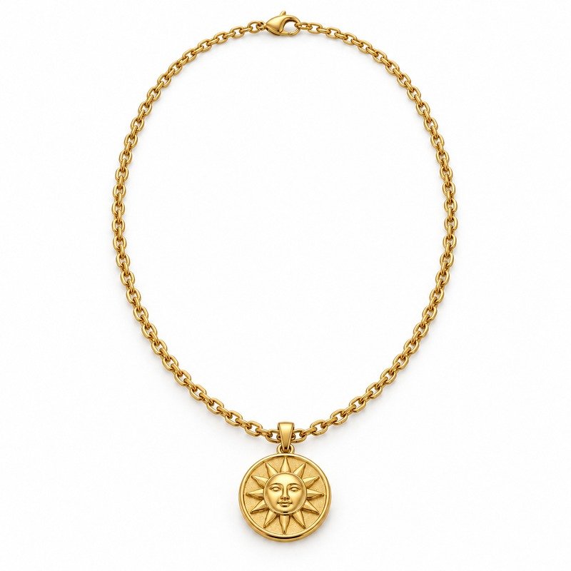 mens gold Stainless Steel sun pendant necklace, front view on white