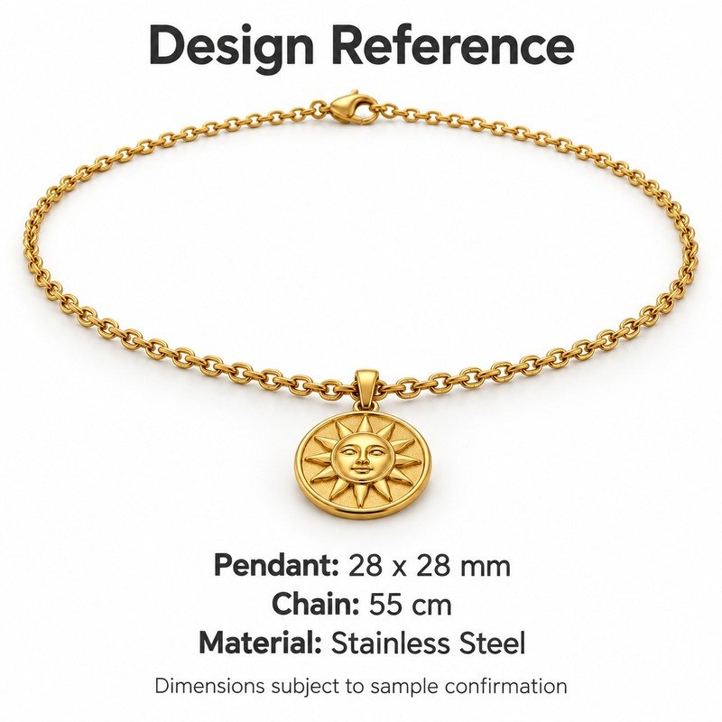 mens gold Stainless Steel sun pendant necklace, design reference dimensions and material specifications