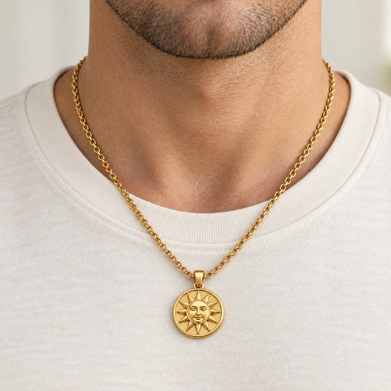 mens gold Stainless Steel sun pendant necklace, worn by an adult model