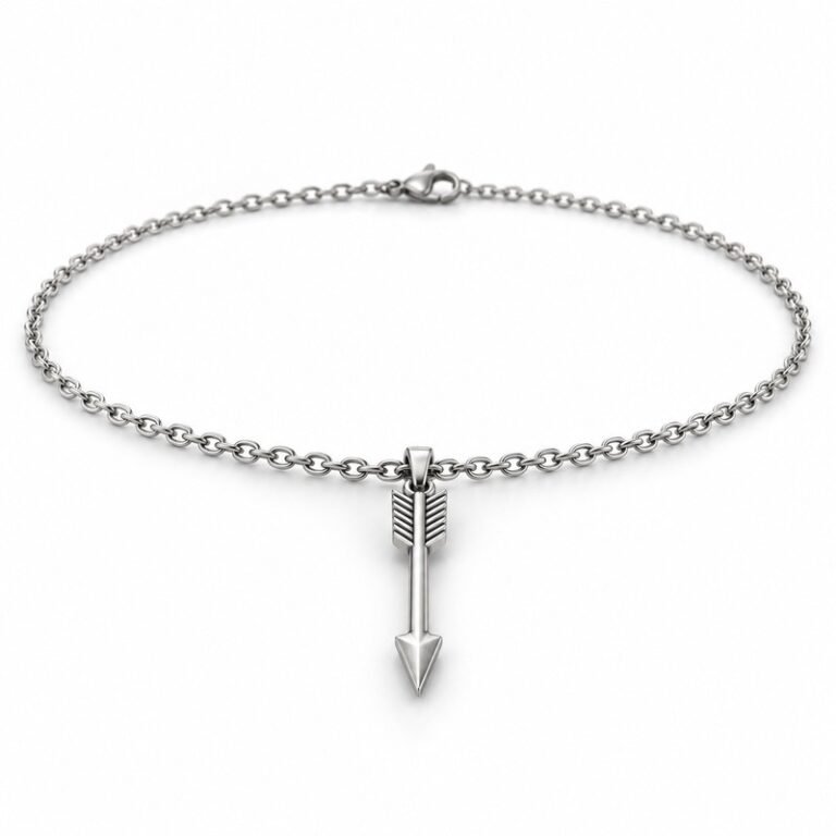 mens silver Stainless Steel arrow pendant necklace, at a 45-degree angle on white
