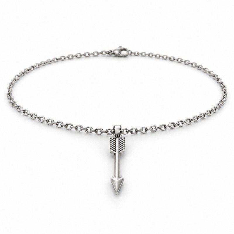mens silver Stainless Steel arrow pendant necklace, at a 45-degree angle on white