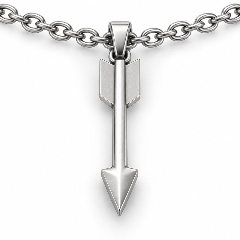 mens silver Stainless Steel arrow pendant necklace, reverse side and connection structure on white