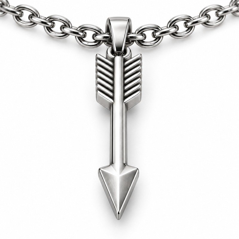 mens silver Stainless Steel arrow pendant necklace, material and craftsmanship close-up
