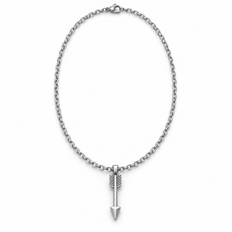 mens silver Stainless Steel arrow pendant necklace, front view on white