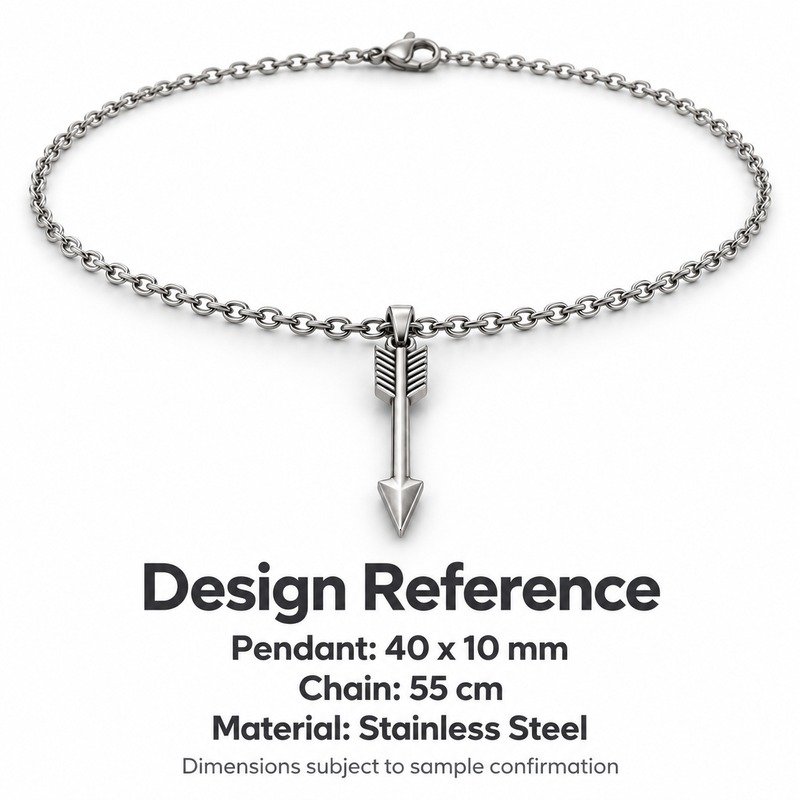 mens silver Stainless Steel arrow pendant necklace, design reference dimensions and material specifications