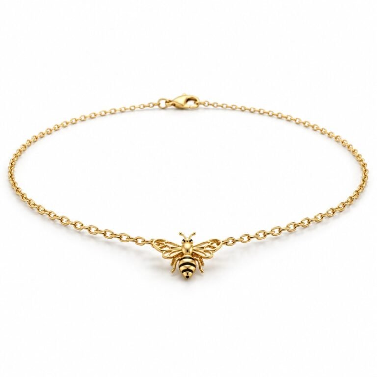 womens gold Stainless Steel honeybee pendant necklace, at a 45-degree angle on white